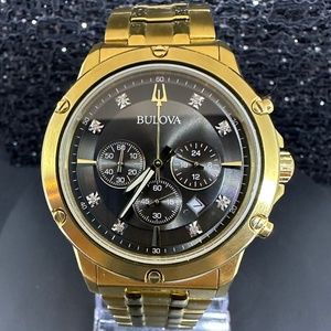 Men's Gold w/Black Face and Diamonds Bulova Chronograph Watch